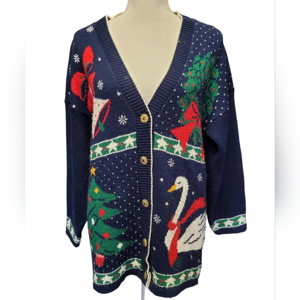 Vintage 1990s navy blue Nutcracker Christmas festive cardigan sweater